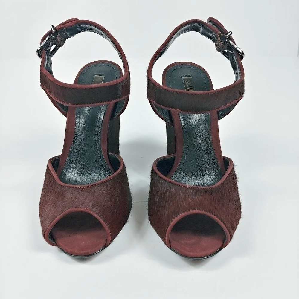 Schutz Peep Toe Pony Hair‎ Chunky Block Heel Size 6 Ankle Strap Burgundy